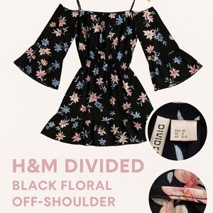 H&M Divided Black Floral Off-Shoulder Bell Sleeve Dress – Size M